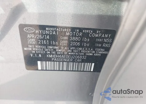 2014 Hyundai Elantra Se (Ulsan Plant) z USA, uszkodzony, nr VIN KMHDH4AE0EU206832